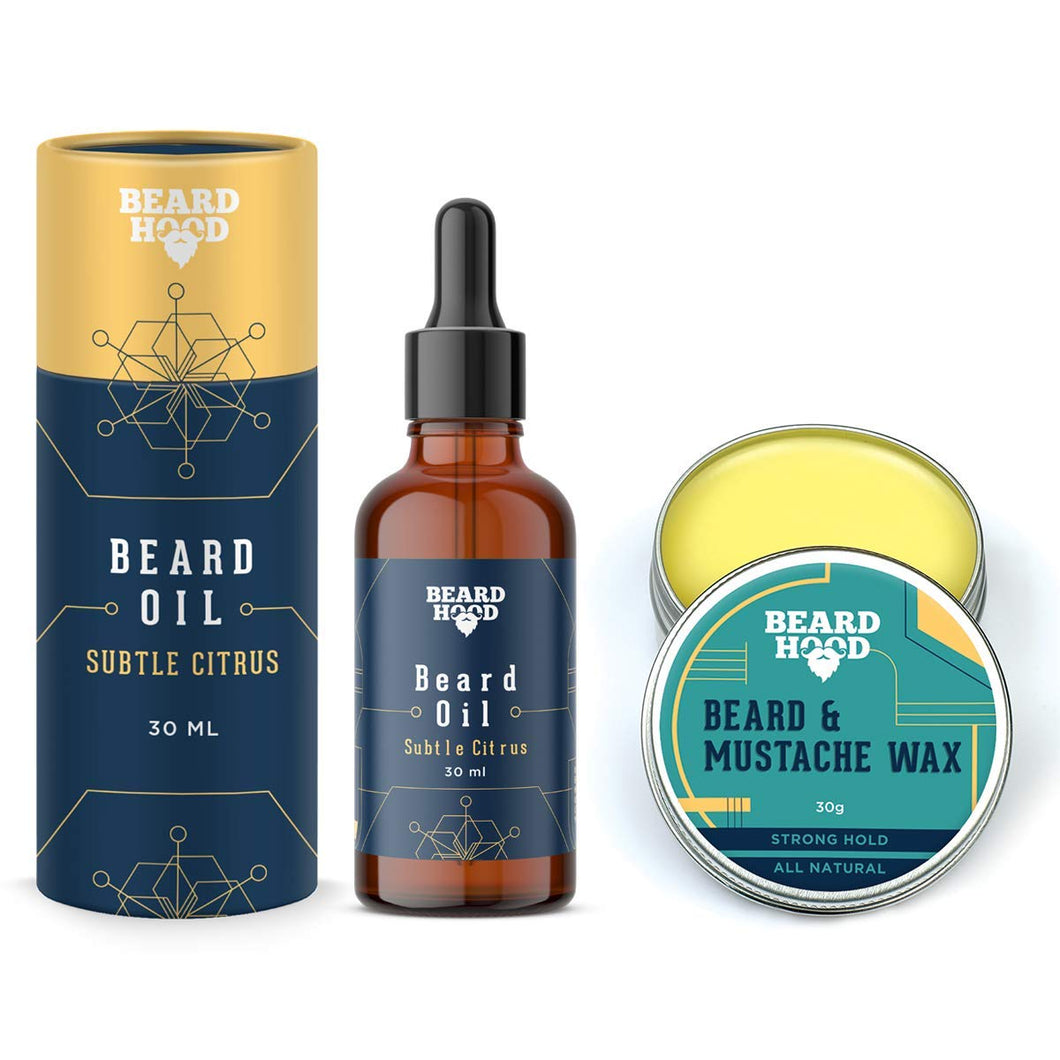 Beardhood Subtle Citrus Beard Oil (30ml) & 100% Natural Mustache Wax Strong Hold (30g)