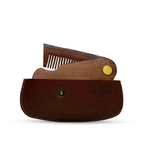 Pocket Folding Wooden Beard Comb with Premium Leather Case