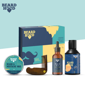 Beard Grooming Kit (Earthy Tones Beard Oil, Wash, Comb, Wax), Gift Box