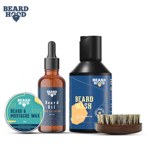 Beard Grooming Kit (Cafe Valentino Beard Oil, Wash, Brush, Wax), Gift Box