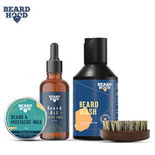 Load image into Gallery viewer, Beard Grooming Kit (Earthy Tones Beard Oil, Beard Wash, Beard Brush, Beard &amp; Moustache Wax), Gift Box