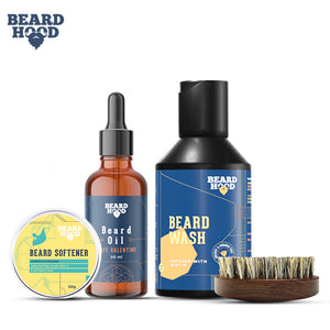 Beard Grooming Kit (Cafe Valentino Beard Oil, Wash, Brush, Softener) Gift Box