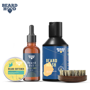 Beard Grooming Kit (Earthy Tones Beard Oil, Wash, Brush, Softener), Gift Box