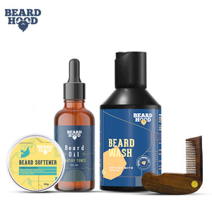 Beard Grooming Kit (Earthy Tones Beard Oil, Wash, Comb, Softener), Gift Box