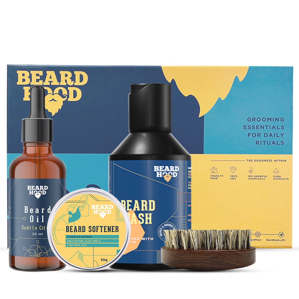 Beard Grooming Kit (Subtle Citrus Beard Oil, Wash, Brush, Softener), Gift Box