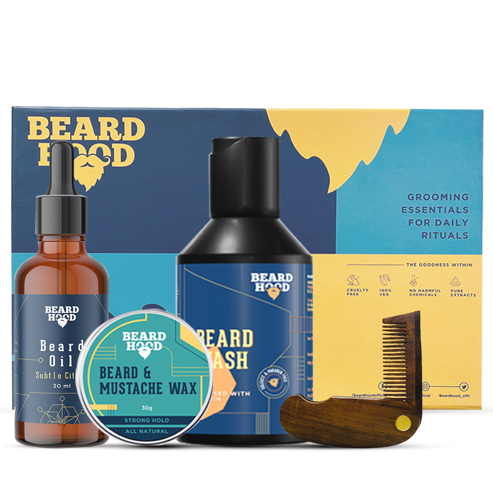 Beard Grooming Kit (Subtle Citrus Beard Oil, Wash, Comb, Wax), Gift Box
