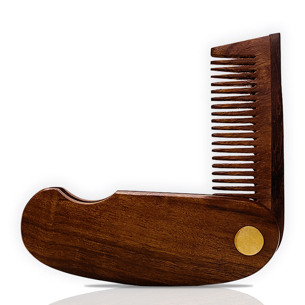 Pocket Folding Wooden Beard Comb with Premium Leather Case